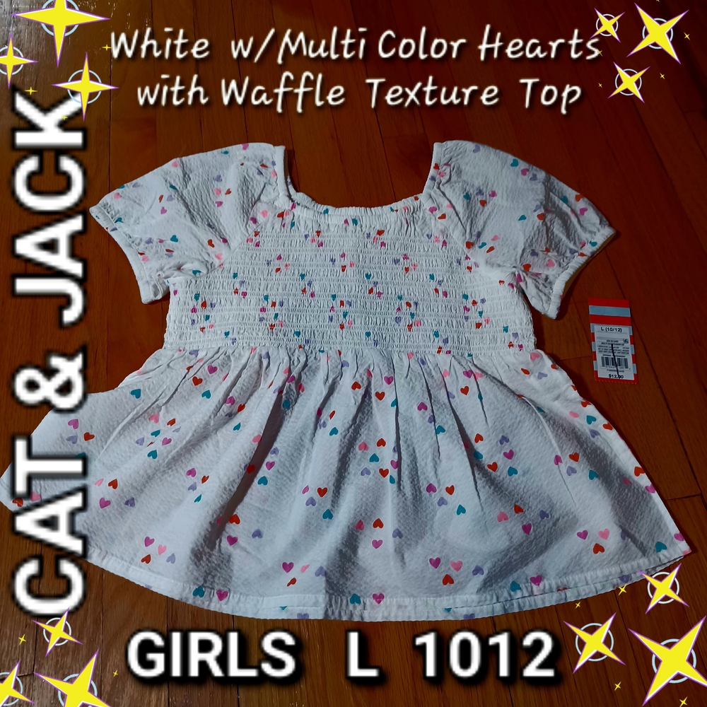 Cat & Jack White W/ Multi-Color Hearts Waffle Texture Top